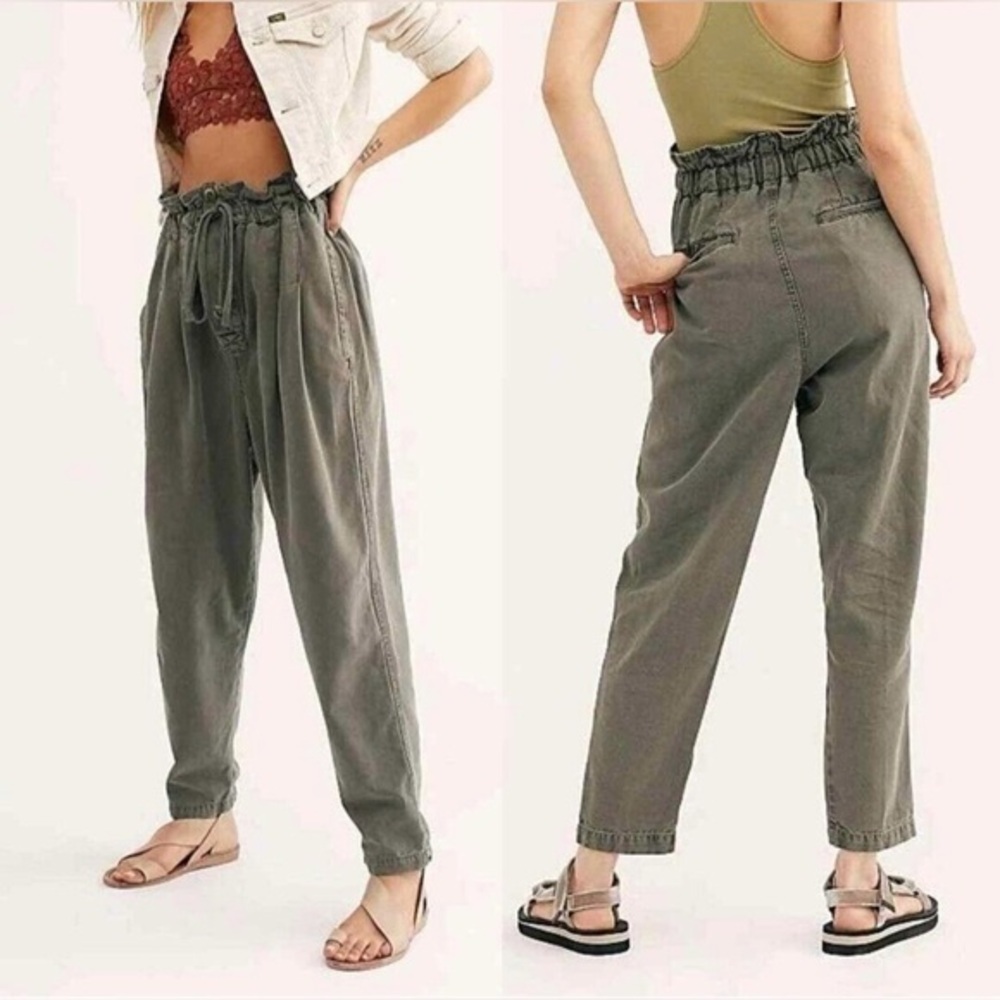 Free People Paper Bag High Waist Pants Women's L Green Cotton Blend Drawstring